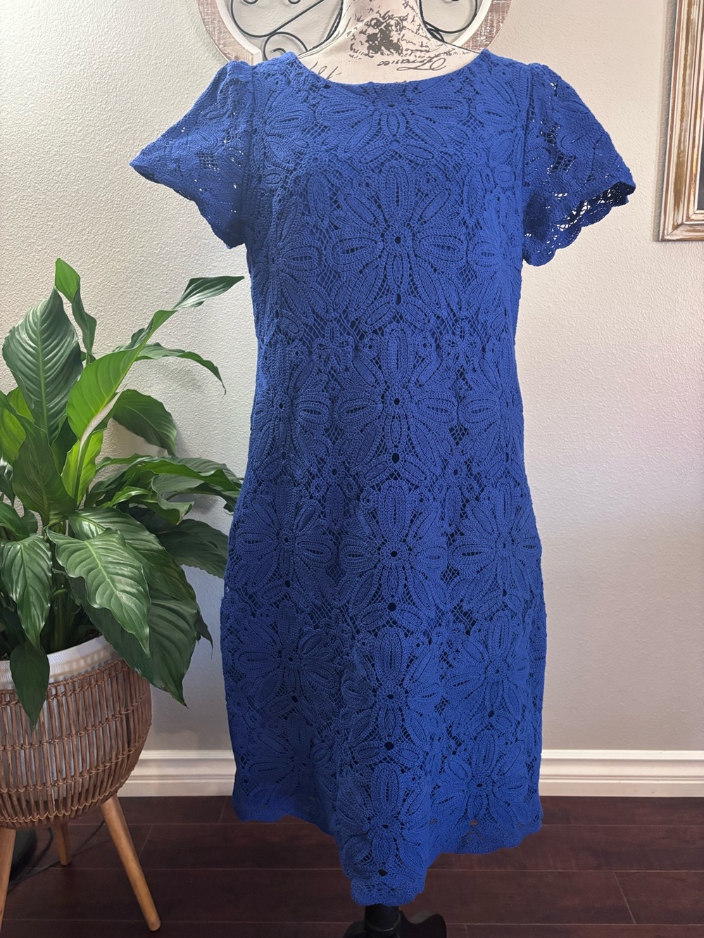 Talbots Women's Blue Crochet Lace Short Sleeve Dress